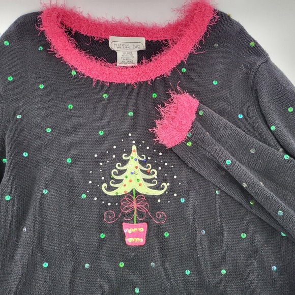 Mandal Bay Black Christmas Tree Sequin Sweater Pink Fuzzy Trim Large Vintage - Picture 3 of 7